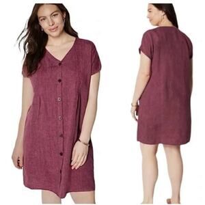 J Jill Love Linen Dress Red Purple Button Front Short Sleeve Size Large